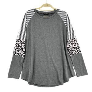 Coeur De Vague Gray Long Sleeve‎ Striped Leopard Casual Tunic Top Size 2XL